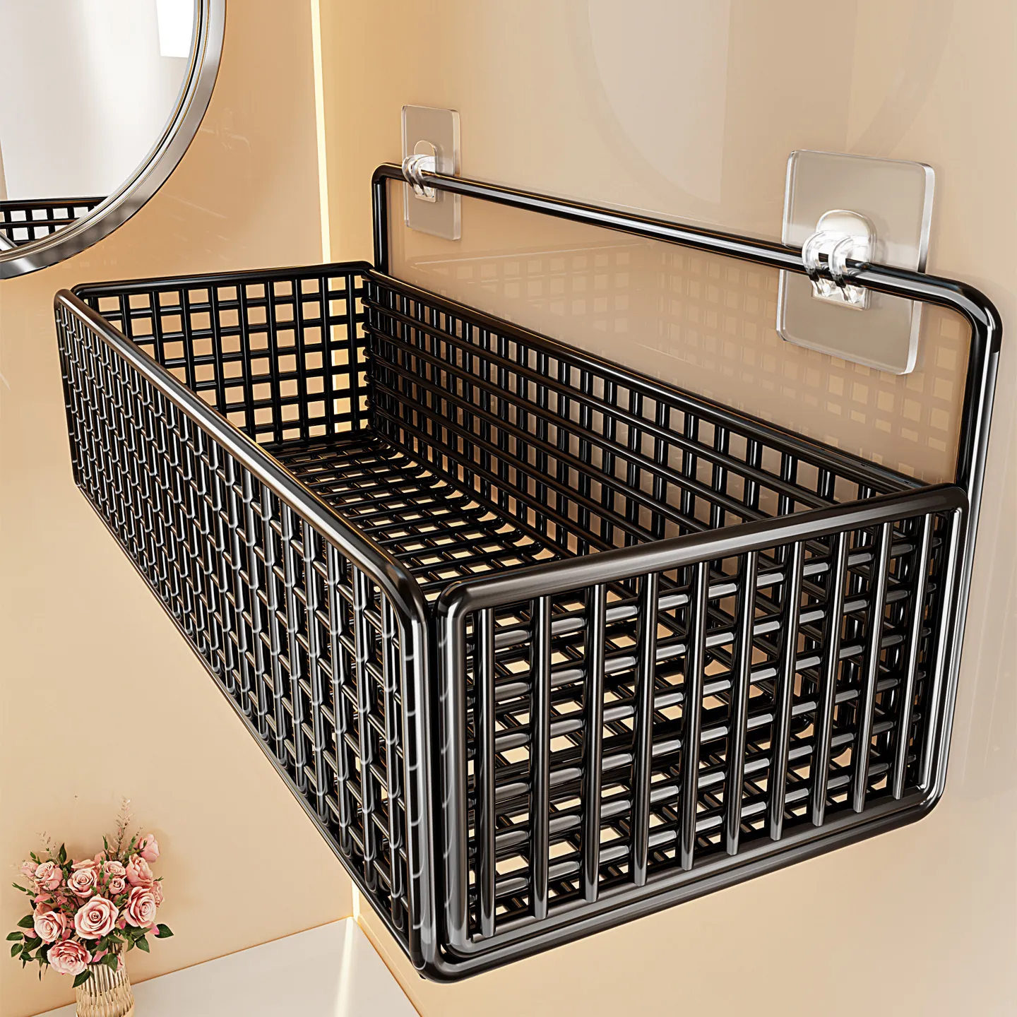 Black Iron Bathroom Storage Rack Wall Mounted Drill-Free Shower Caddy Hollow Grid Organizer Basket For Washroom Kitchen Home Accessories
