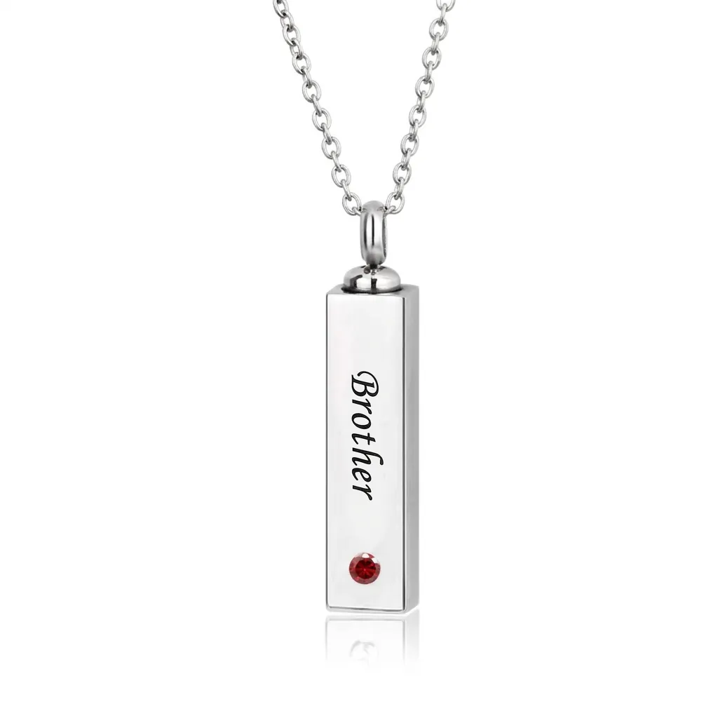 Stainless Steel Geometric Cube Urn Necklace For Ashes Memorial Cremation Jewelry Pendant Engraved Brother With Birthstone Rhinestone Unisex