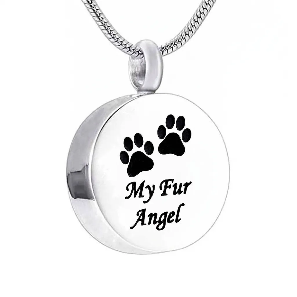 Collar de Urna Conmemorativa para Mascotas de Acero Inoxidable Colgante Redondo My Fur Angel Huella de Pata Joyería para Cenizas