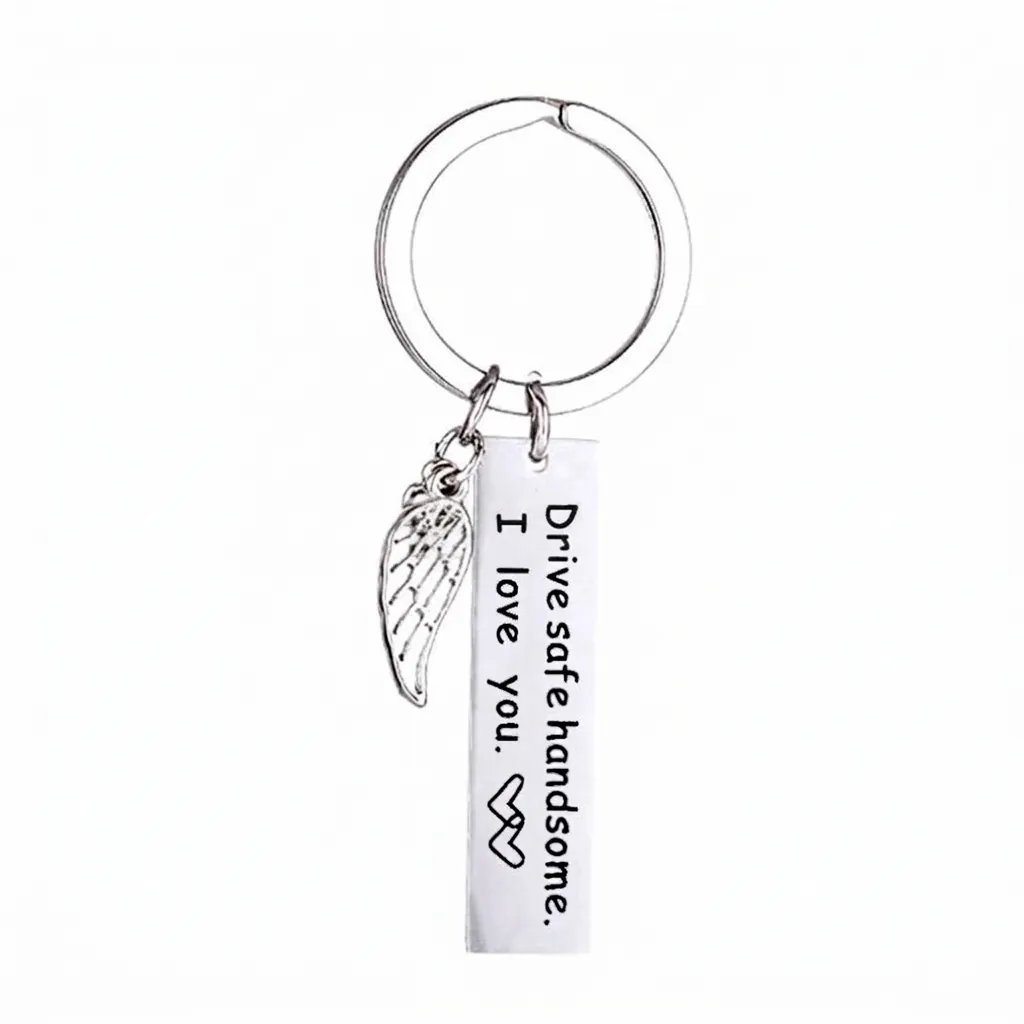 Stainless Steel Drive Safe Handsome I Love You Engraved Bar Keychain With Angel Wing Heart Charm For Husband Boyfriend Gift