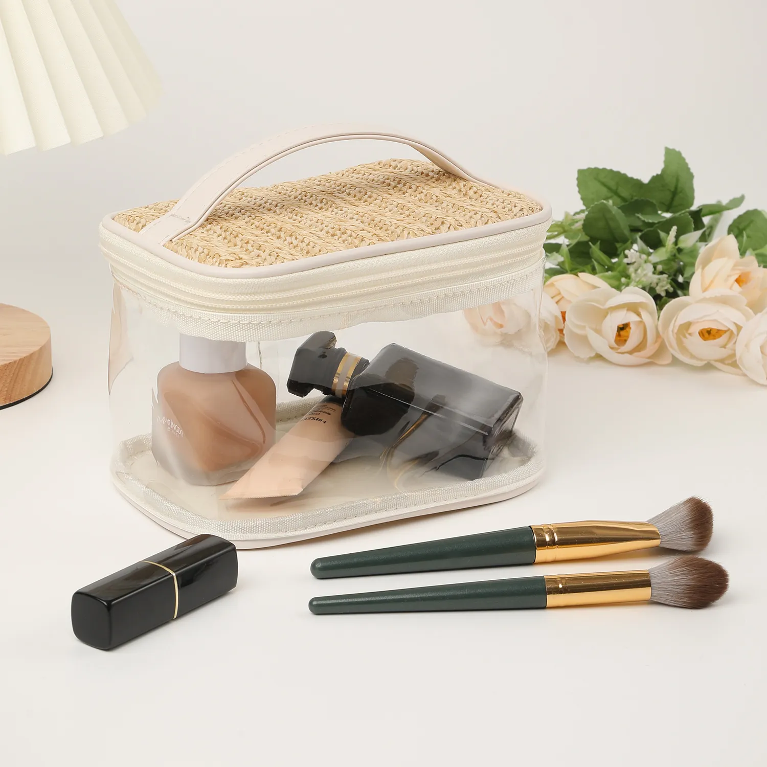 Transparent PVC Straw Woven Makeup Bag Large Capacity Portable Travel Toiletry Organizer Waterproof Wash Bag For Women