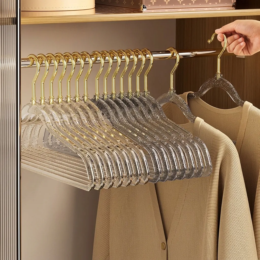 Luxury Transparent Acrylic Clothes Hanger Non Slip Wide Shoulder Seamless Hanger With Gold Silver Metal Hook For Women Clothes