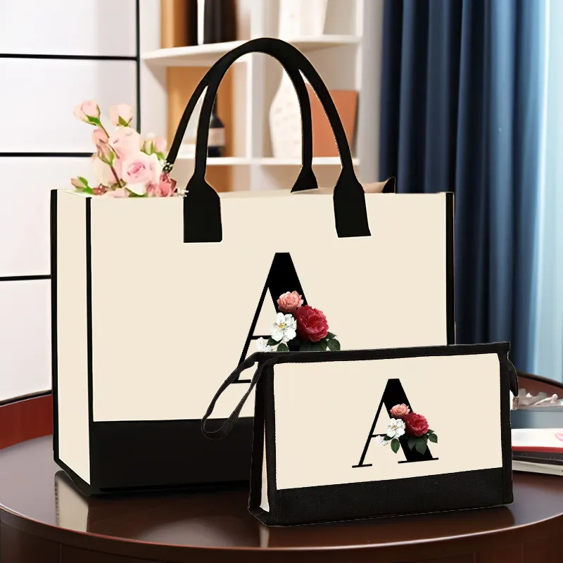 Ensemble Sac Tote en Toile et Trousse de Maquillage pour Femmes Imprimé Floral Alphabet Color Block Sac à Main Grande Capacité