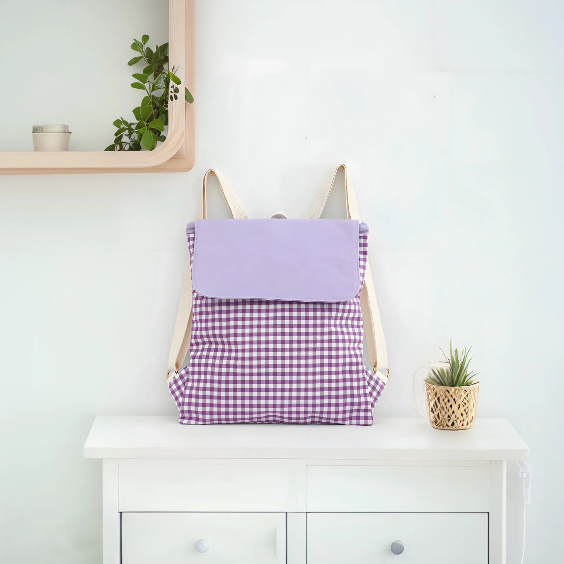 Women Fresh Checkered Cotton Drawstring Backpack Casual Gingham Storage Bag Lightweight Portable Travel School Daypack For Students