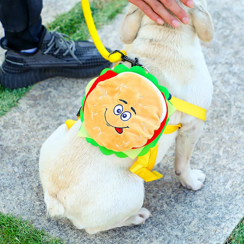 Funny Burger Pet Backpack Harness Adjustable Dog Cat Snack Storage Bag Cartoon Hamburger Self-Carrier Harness Leash Set For Small Medium Dogs Cats