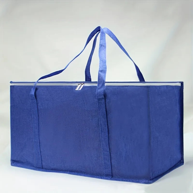 Large Capacity Blue Moving Bag Waterproof Faux Linen PE Material Zipper Handle Storage Bag For Quilts Bedding Moving Travel