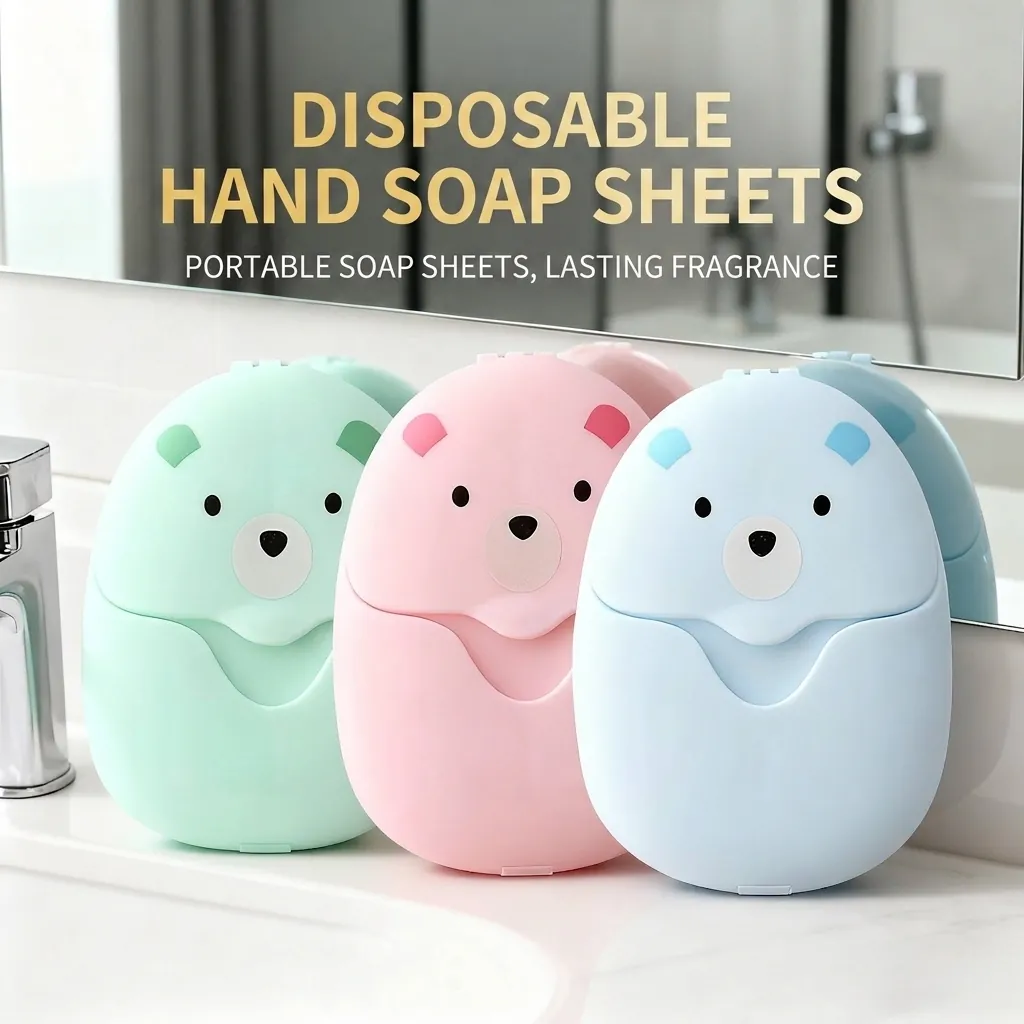 Hojas de Papel de Jabón Desechables Portátiles Con Estuche de Oso de Dibujos Animados Mini Escamas de Jabón para Lavado de Manos Niños Viaje Aire Libre