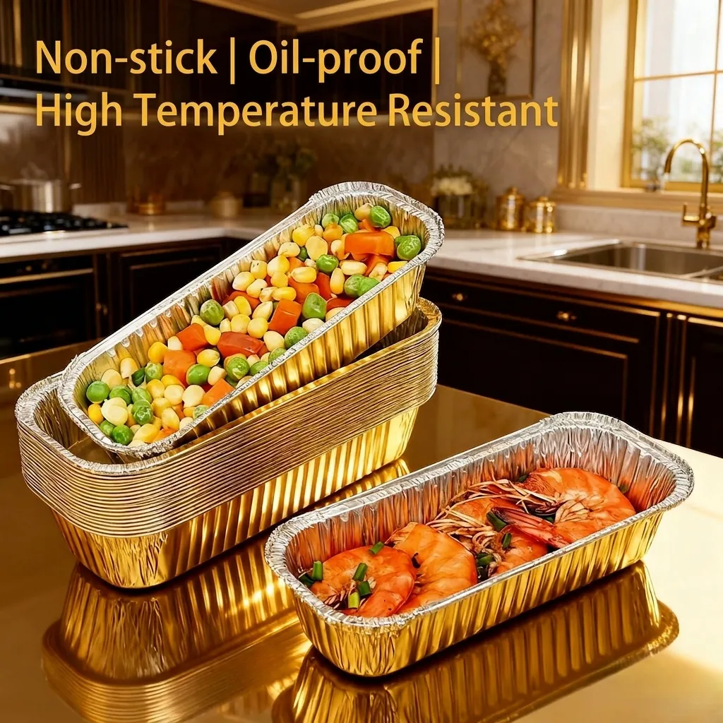 Disposable Rectangular Gold Aluminum Foil Tray Heat Resistant Greaseproof Liners For Air Fryer Oven Baking Grilling Cookware