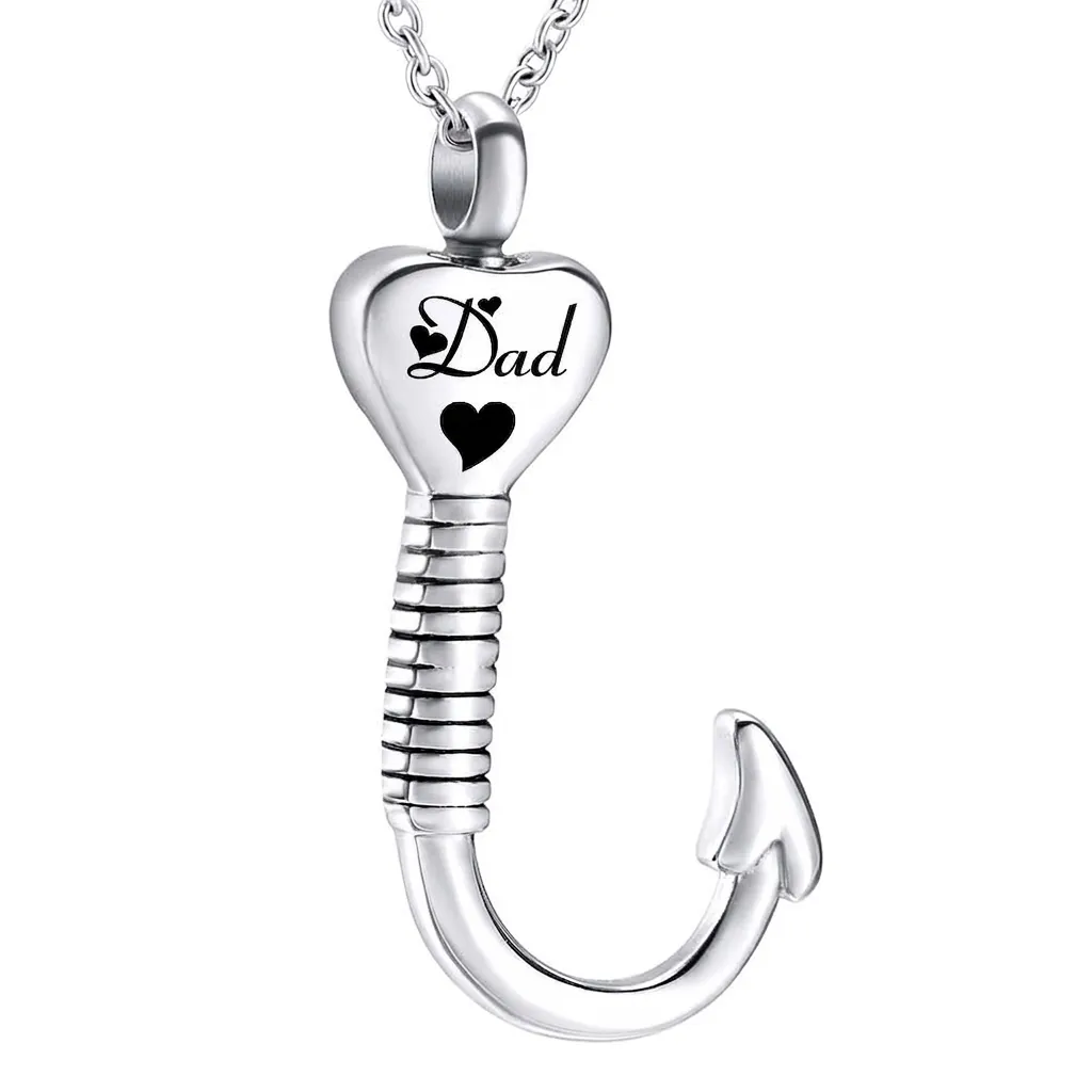 Stainless Steel Heart Fishhook Cremation Urn Necklace Polished Silver Memorial Keepsake Pendant For Ashes Jewelry Women Men