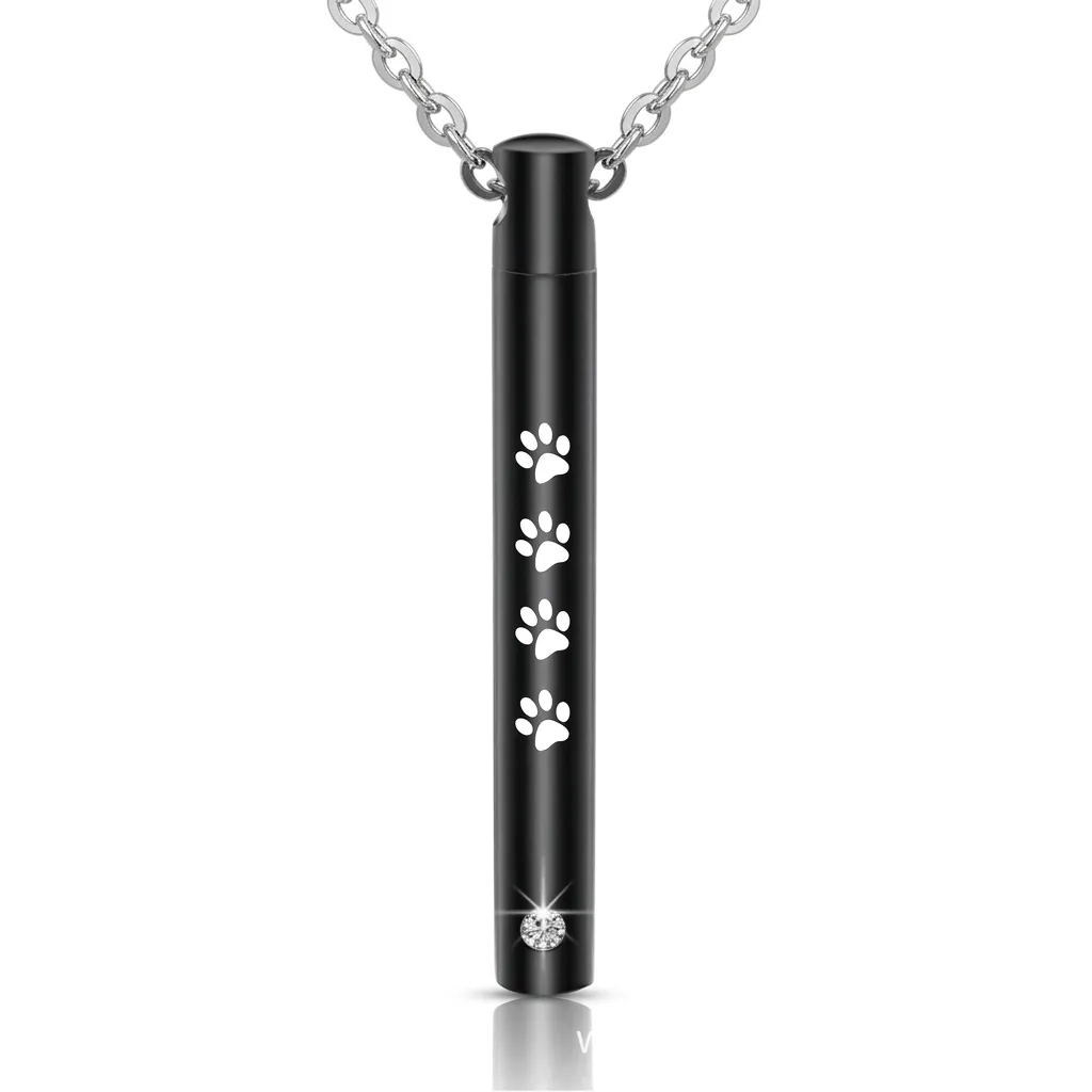 Stainless Steel Pet Cremation Urn Necklace U-shaped Cylinder Paw Print Memorial Pendant Rhinestone Ash Jewelry Keepsake Necklace