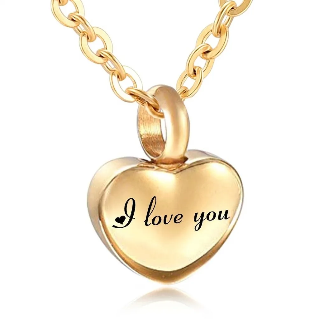 Collar con Colgante de Urna de Cremación en Forma de Corazón de Acero Inoxidable Dorado Memorial Porta Cenizas Cabello Grabado I Love You Botella de Perfume