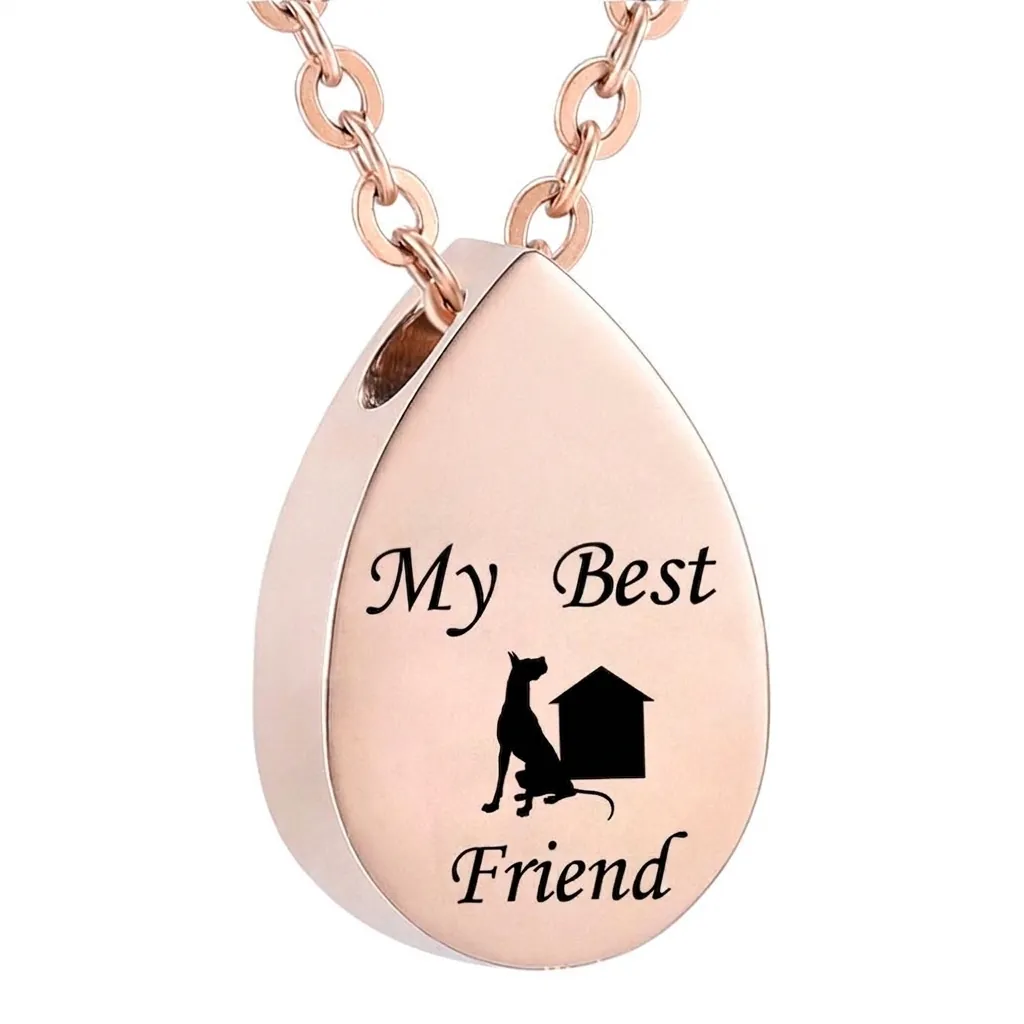 Stainless Steel Pet Urn Necklace Water Drop Pendant For Ashes My Best Friend Engraved Memorial Jewelry For Dog Cat