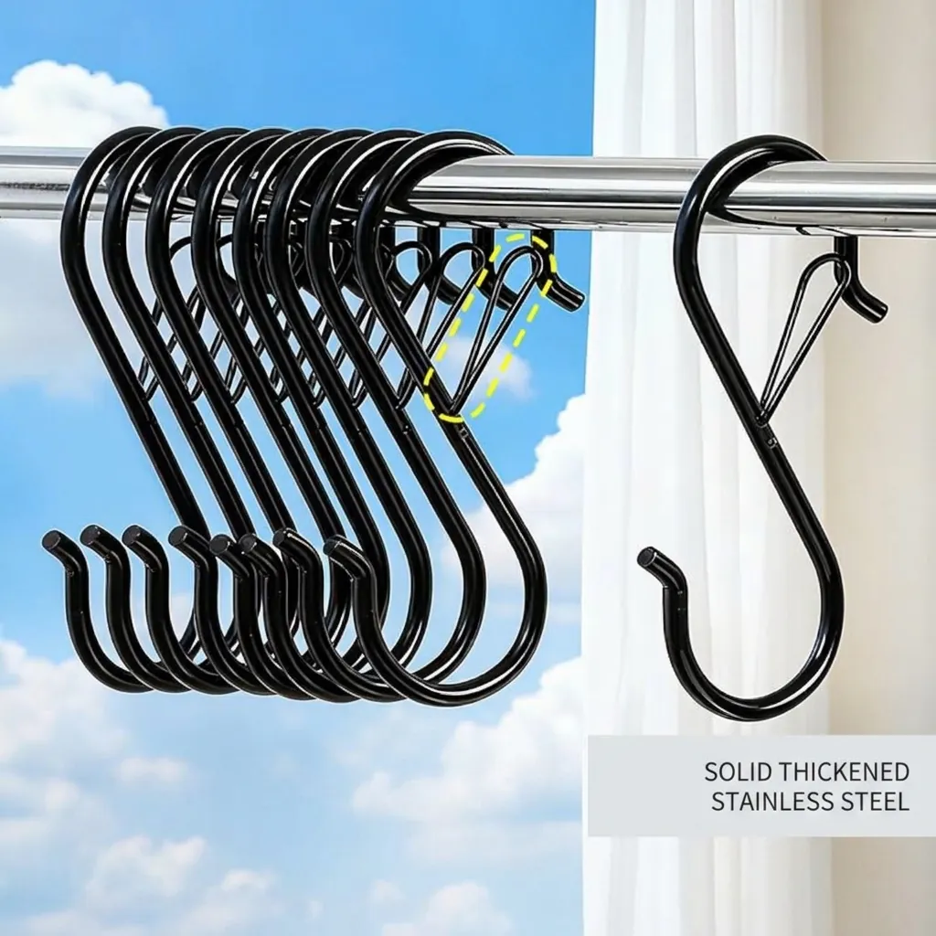 Stainless Steel S-Shaped Hook with Security Buckle Windproof Heavy Duty S Hook for Kitchen Balcony Bathroom Organizing