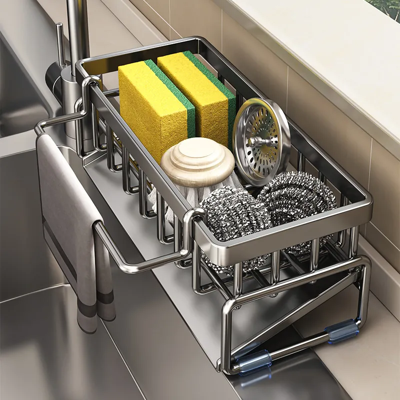 Carbon Steel Kitchen Sink Organizer Drain Rack Countertop Sponge Holder With Rag Hanging Bar Removable Drain Tray Grey Black