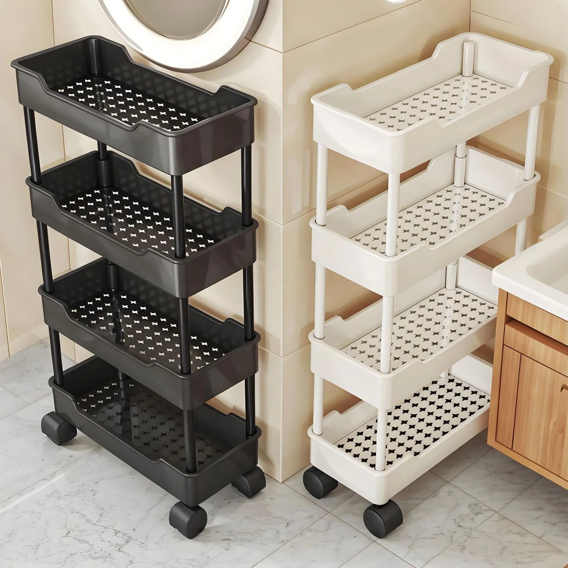 Chariot de Rangement Mobile Moderne Unité d'Étagères Roulante Organisateur Mince Étroit Avec Roues et Crochets Pour Salle de Bain Cuisine Buanderie Étagère en Plastique PP