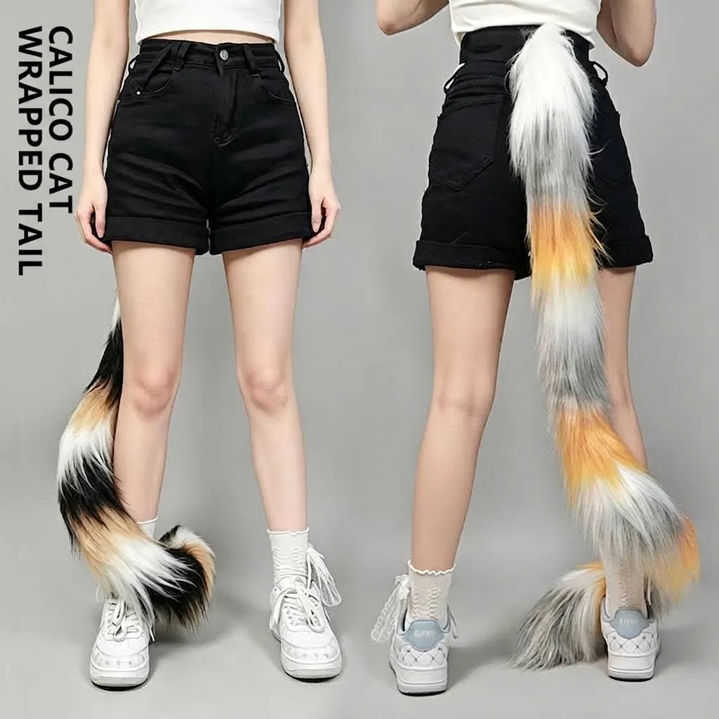 Realistic Plush Calico Cat Tail Cosplay Prop Flexible Skeleton Wrap Leg Tail For Anime Convention Carnival Costume Women Men