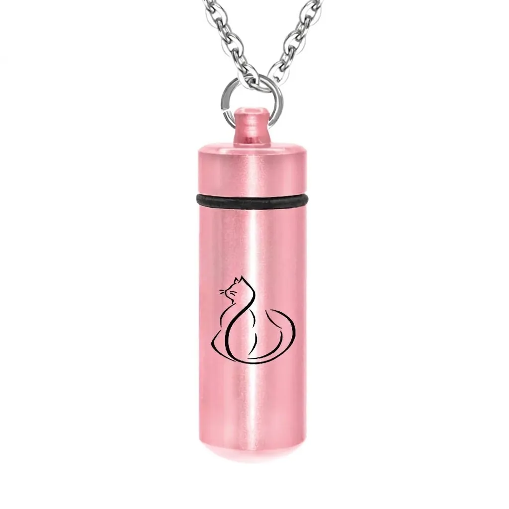 Rose Gold Metal Cylinder Pet Cremation Urn Pendant Necklace Cat Silhouette Memorial Jewelry Essential Oil Bottle Pendant
