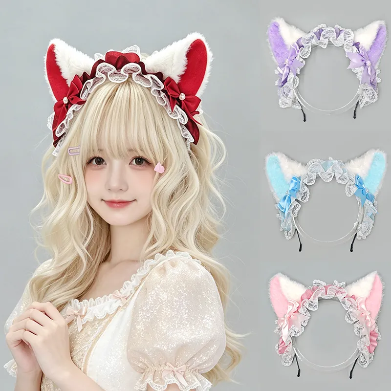 Japanese Lolita Cat Ear Headband Sweet Plush Lace Bow Headpiece For Cosplay Party Women Maid Costume Hair Accessory