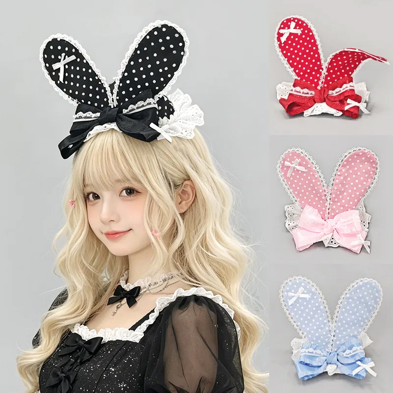 Lolita Polka Dot Rabbit Ears Mini Hat Hair Clip Sweet Harajuku Bow Lace Headband For Women Cosplay Party Hair Accessories