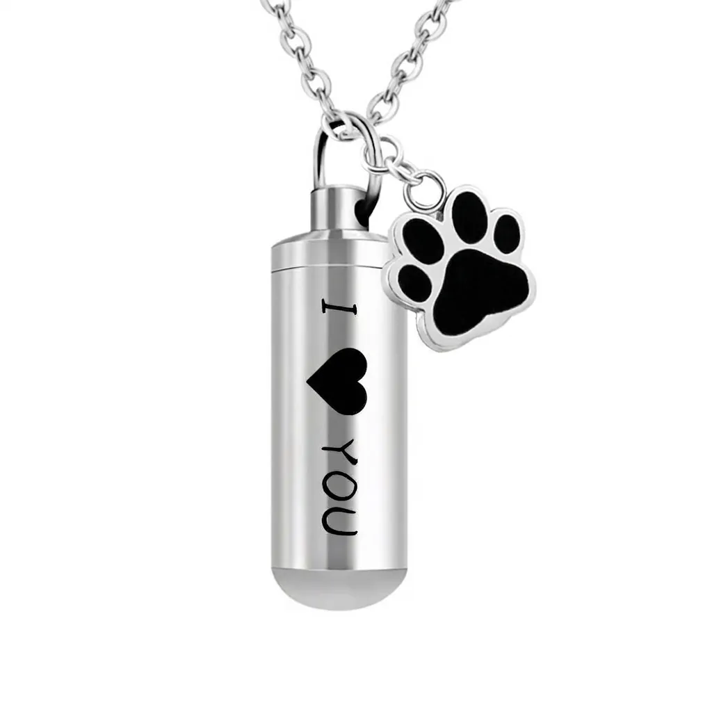 Stainless Steel Cremation Urn Necklace Memorial Cylinder Pendant With Paw Print Charm Pet Ash Keepsake Perfume Bottle Necklace For Unisex