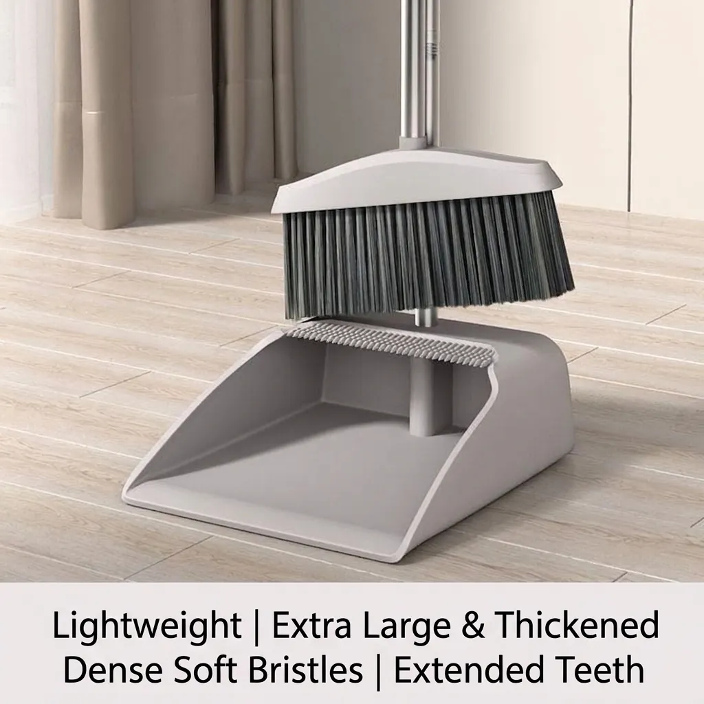 Modern Broom And Dustpan Set Stainless Steel Handle Sweeping Tool With Scraper Teeth Encrypted Bristles Indoor Floor Clean