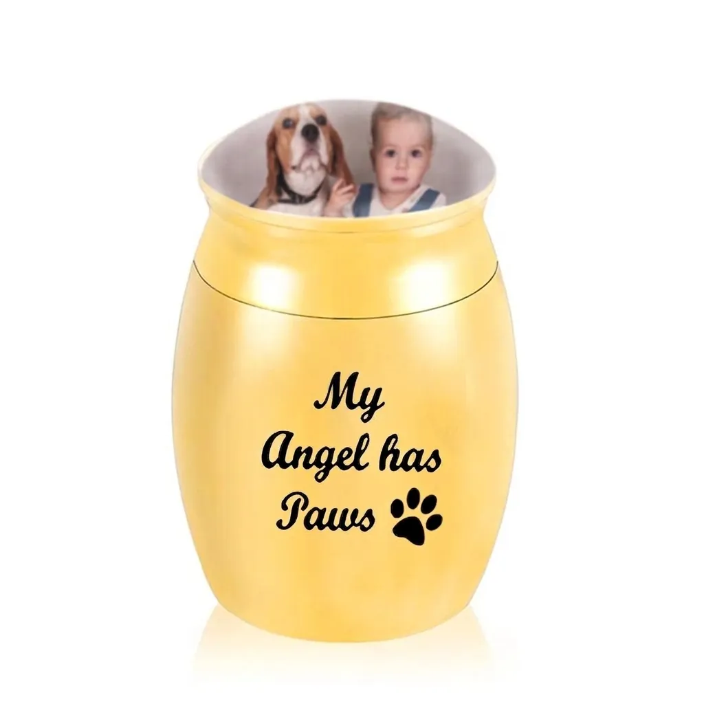 Mini Edelstahl Haustier Gedenkurne Gedenkglas Mit Fotofach Pfotenabdruck My Angel Has Paws Gravur Gedenkgefäß