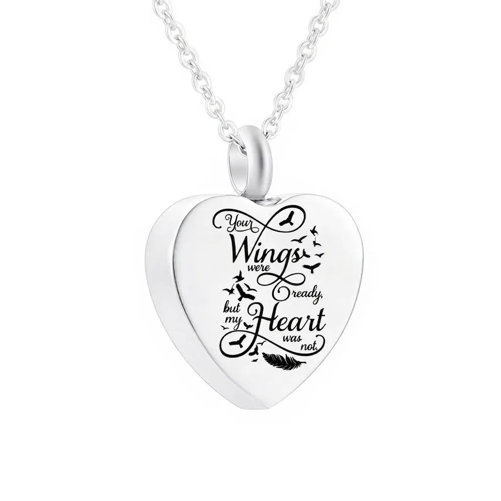 Stainless Steel Heart Memorial Urn Necklace For Ashes Your Wings Were Ready Engraved Cremation Pendant Jewelry For Women Men