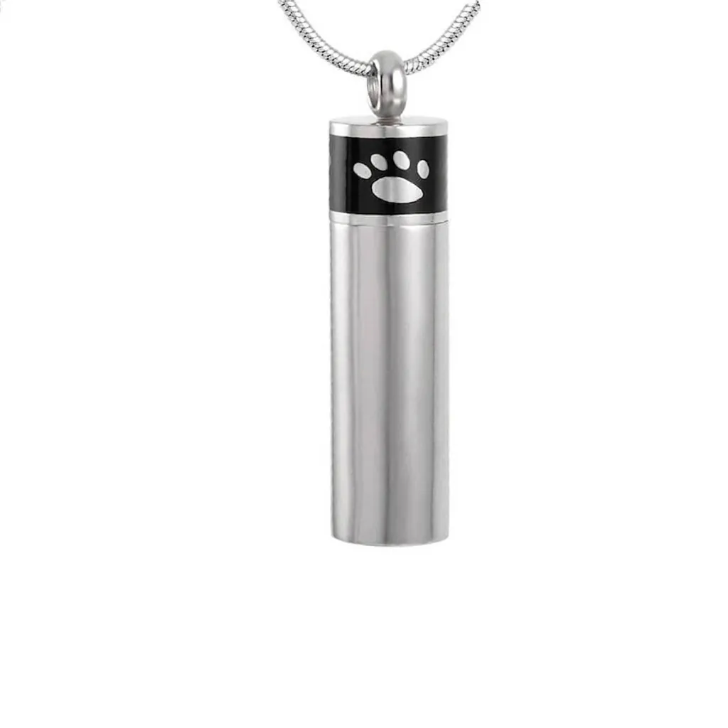 Memorial Pet Cremation Urn Necklace Stainless Steel Cylindrical Ash Pendant With Paw Print Pattern Memorial Keepsake Jewelry For Pet Human Ashes