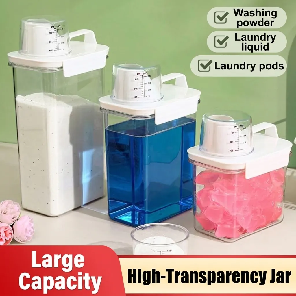 Transparent PET Laundry Detergent Storage Box With Measuring Cup Lid Moisture Proof Sealing Container For Washing Powder