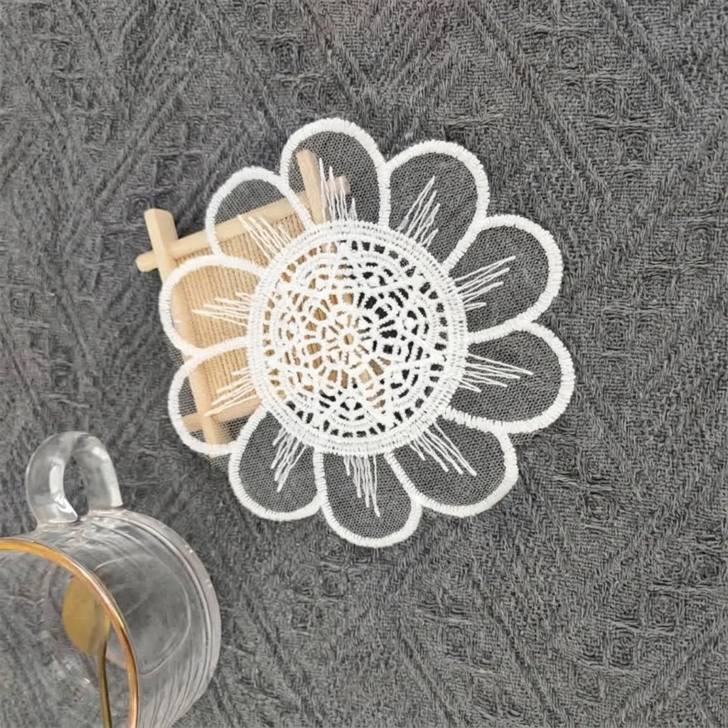 White Mesh Embroidered Round Coaster Lace Floral Place Mat DIY Sewing Accessory Patch For Home Dining Room Decor