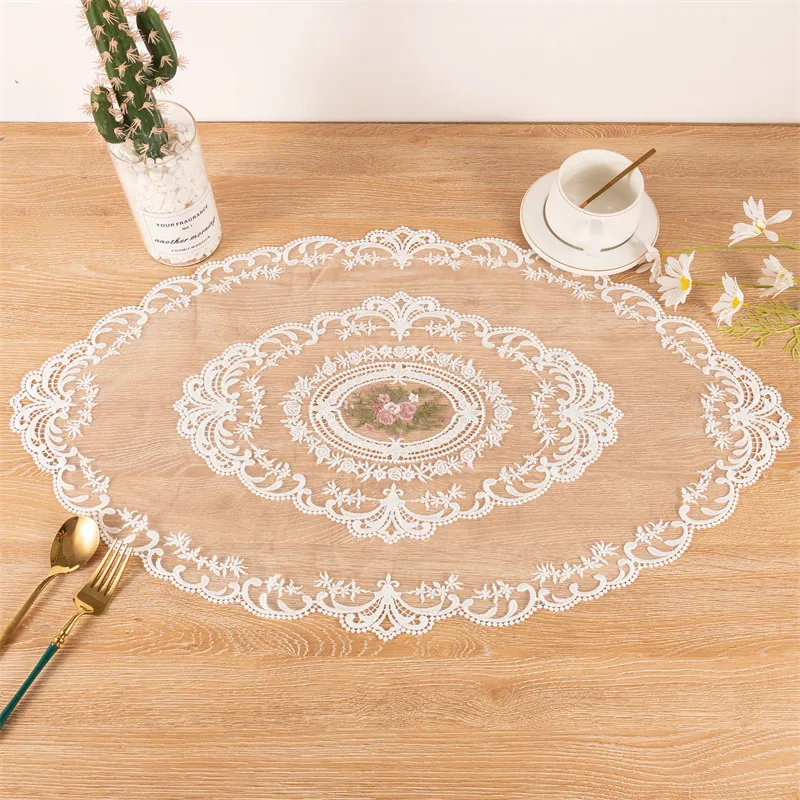 Europese Vintage Tafelloper Kant Geborduurd Ovaal Polyester Opengewerkt Bloemenpatroon Huisdecoratie Voor Salontafel