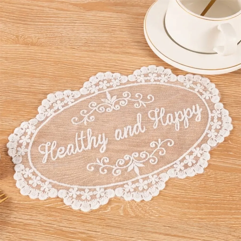 Vintage Embroidered Lace Coaster Polyester Floral Letter Table Placemat Scalloped Edge Decorative Cushion For Cup Coffee Pot