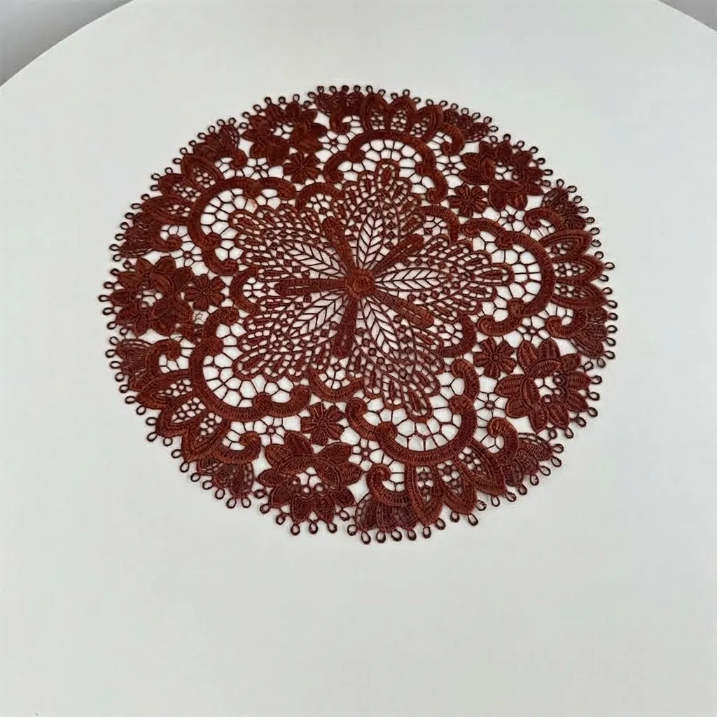 Vintage Round Polyester Embroidered Hollow Out Placemat Maple Leaf Floral Table Mat For Dining Room Bedroom Bedside Lamp Vase Decoration