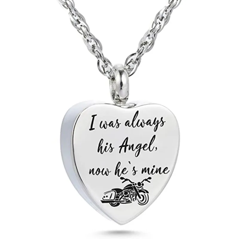 Heart Stainless Steel Urn Necklace Memorial Keepsake Pendant For Ashes Always His Angel Motorcycle Engraved Jewelry