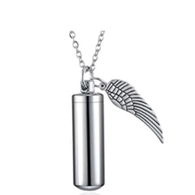 Stainless Steel Cylinder Cremation Urn Necklace With Angel Wing Charm Ash Holder Perfume Bottle Memorial Pendant For Unisex