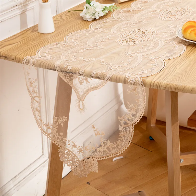 American Rustic Lace Embroidered Table Runner Hollow Out Floral Polyester Tablecloth For Wedding Banquet Home Dining Decor