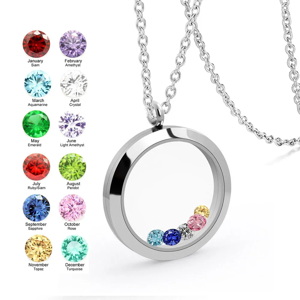 Stainless Steel Clear Floating Locket Necklace With 12 Birthstone Crystals Round Openable Pendant Memorial Jewelry For Women
