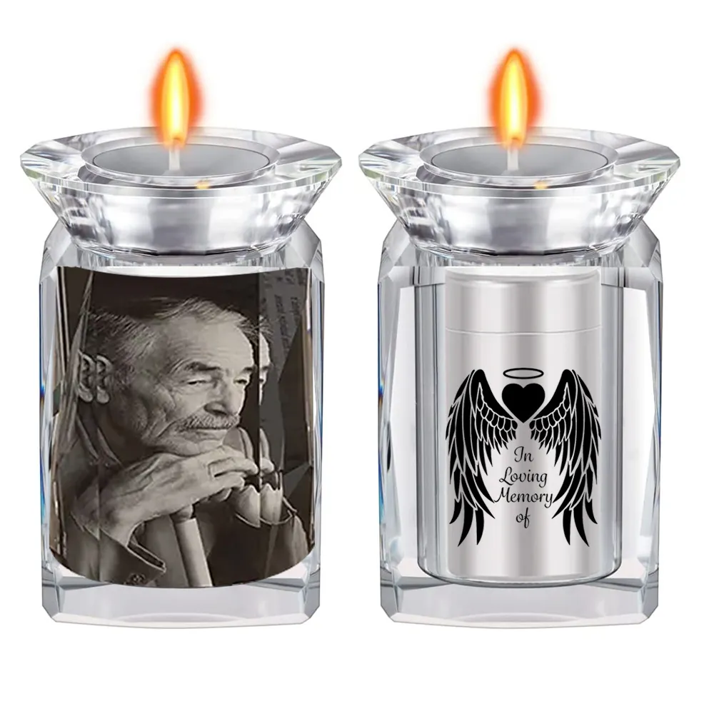 Crystal Pet Cremation Urn With Metal Liner Memorial Urn For Pet Ashes Memorial Keepsake With Candle Holder Geometric Design