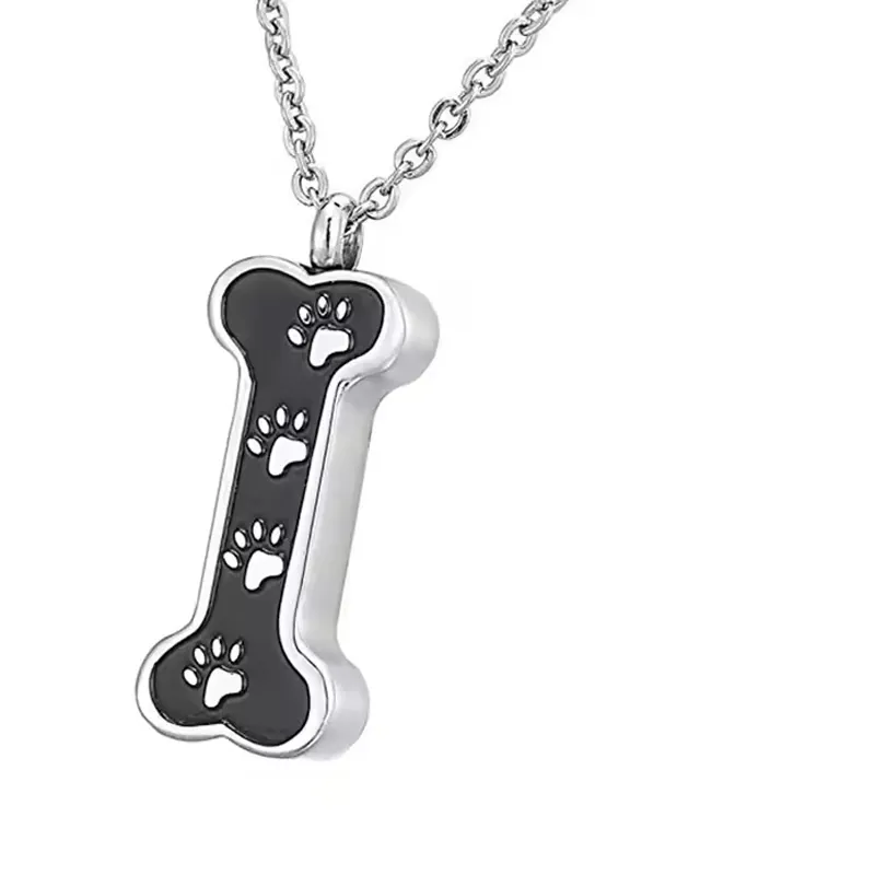 Stainless Steel Bone Shaped Pet Cremation Urn Necklace Pendant For Ashes Commemorative Dog Paw Print Memorial Jewelry For Unisex