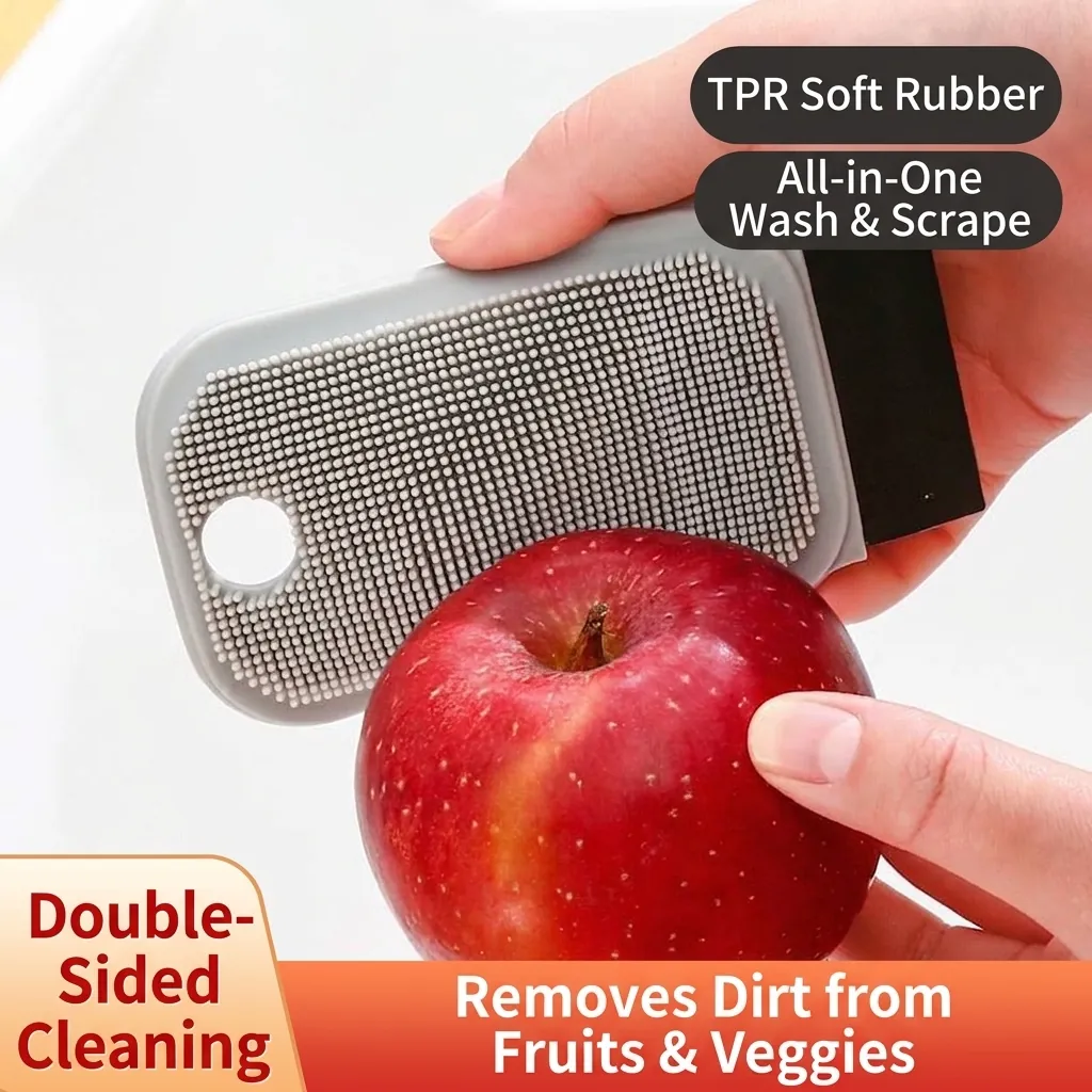 Flexible TPR Fruit Vegetable Cleaning Brush Soft Bristle Scrubber With Scraper Double Sided Kitchen Pot Pan Scouring Tool