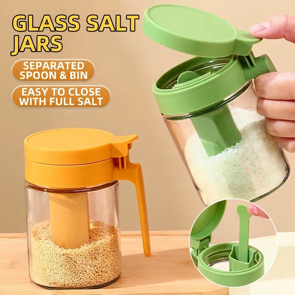 Lead-Free Glass Seasoning Jar With Spoon Integrated Lid One-Hand Press Moisture-Proof Salt Pepper Shaker Kitchen Storage Container For Spices