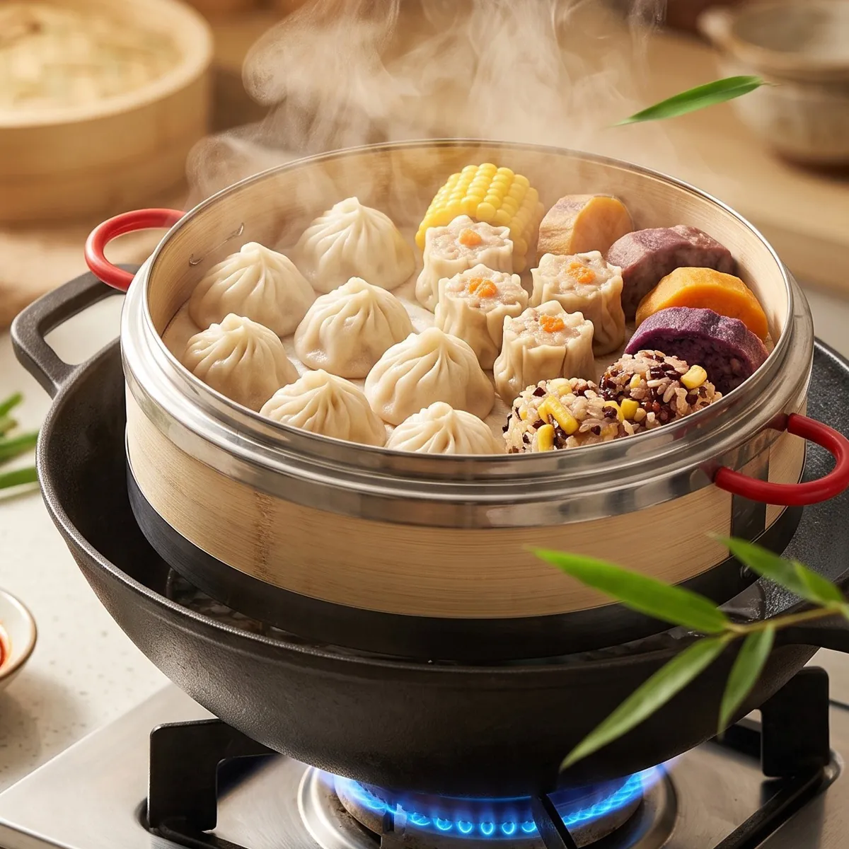 Stainless Steel Banded Bamboo Steamer Traditional Chinese Handmade Woven Steamer Basket With Red Handles For Dim Sum Dumpling Buns Kitchen