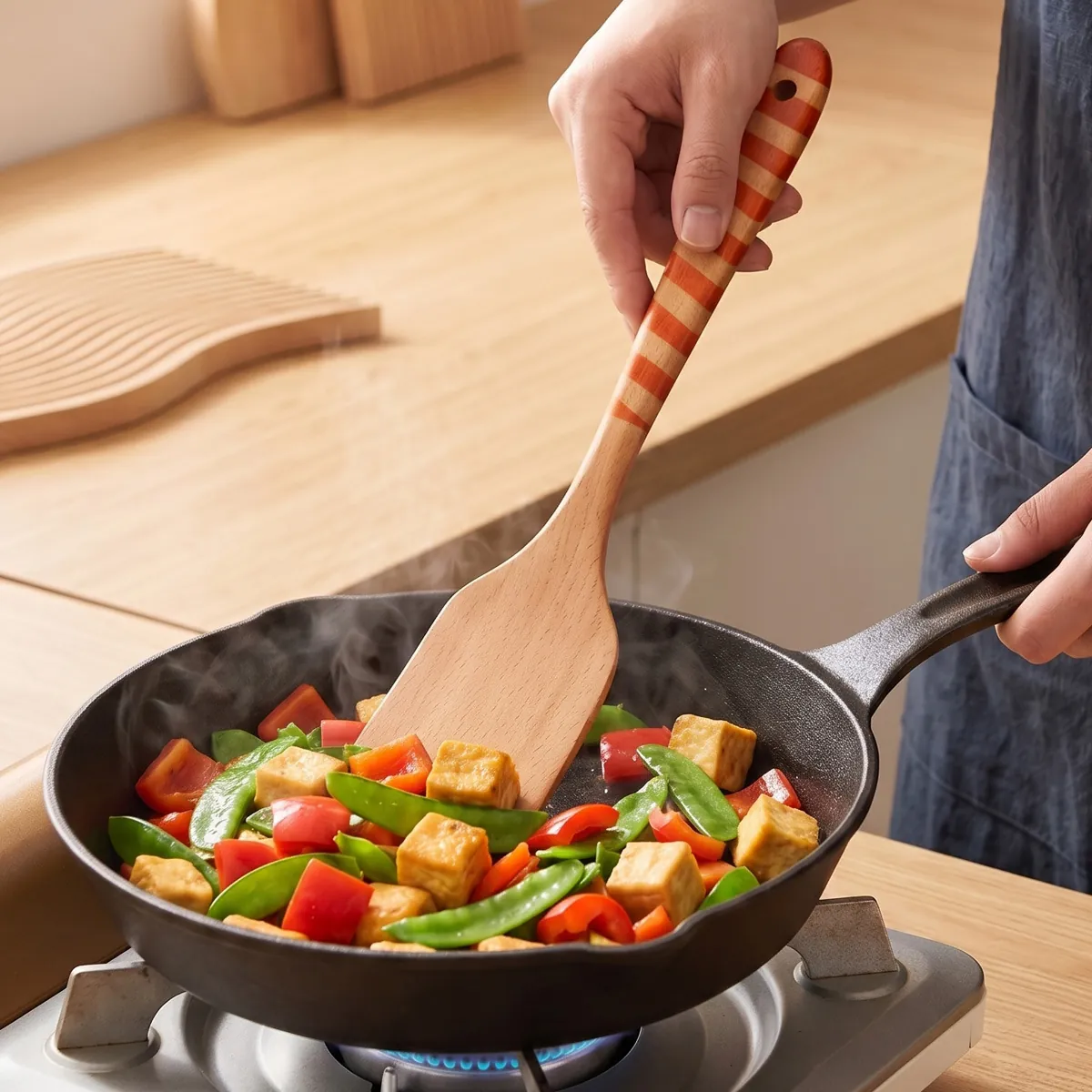 Espátula de Cocina de Madera de Haya Cuchara Mango Espiral Resistente al Calor Antiadherente Utensilios de Cocina Cuchara de Arroz