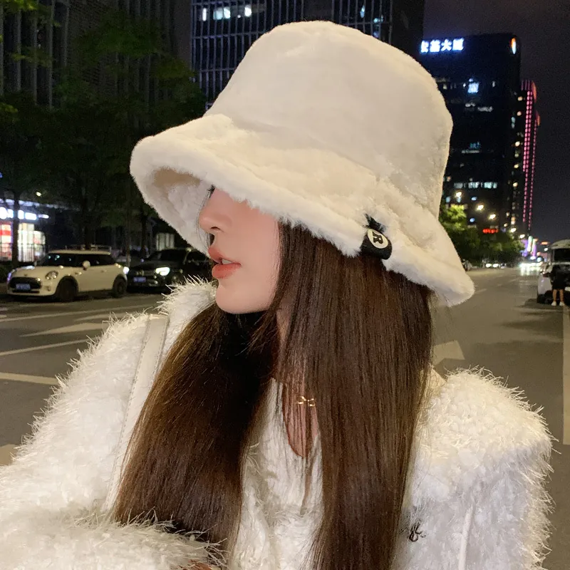 Vintage Women Plush Bucket Hat Autumn Winter Thick Warm Faux Fur Fishermans Hat Retro Solid Color All-match Cloche Hat