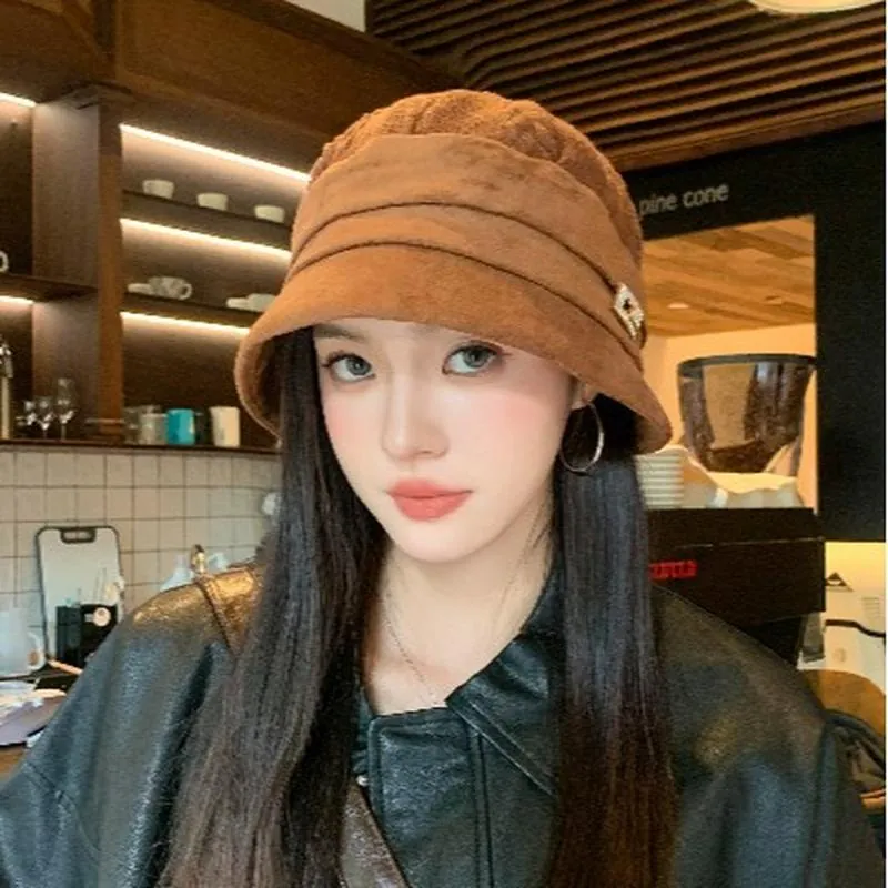 Women Korean Style Cotton Bucket Hat Wide Brim Sun Protection Fisherman Hat With Rhinestone Metal Buckle For Autumn Winter