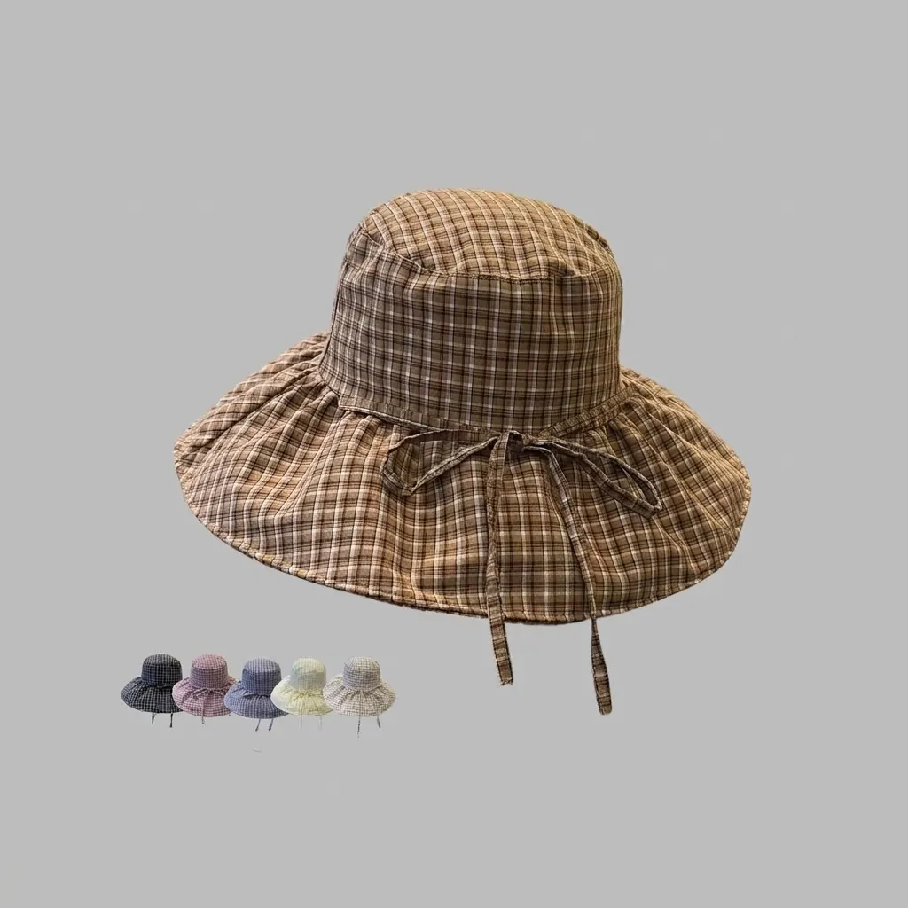 Korean Style Plaid Wide Brim Bucket Hat Women Summer Sun Protection Foldable Fisherman Hat Outdoor Beach Sun Hat With Windproof Rope