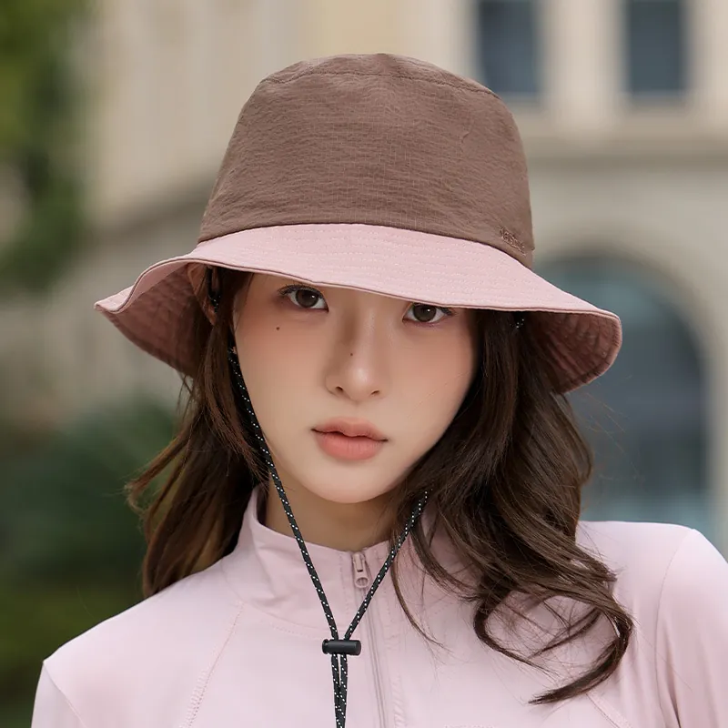 Women Fashion Color Block Bucket Hat Sun Protection Adjustable Windproof Cord Lyocell Fisherman Hat Packable Summer Travel Hat