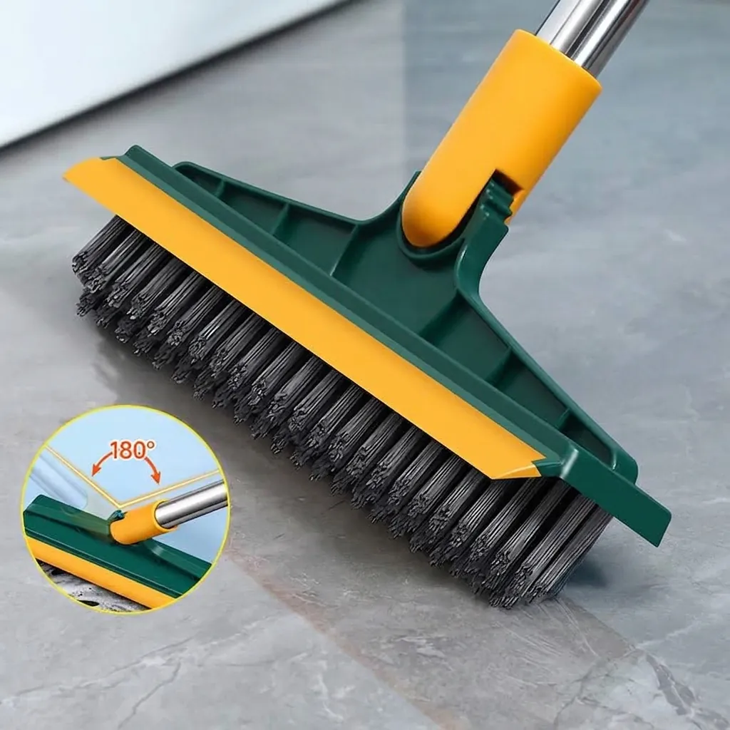 Floor Scrub Brush With Long Handle Squeegee Scraper Rotating V-Shaped Bristles For Bathroom Tile Grout Corner Cleaning