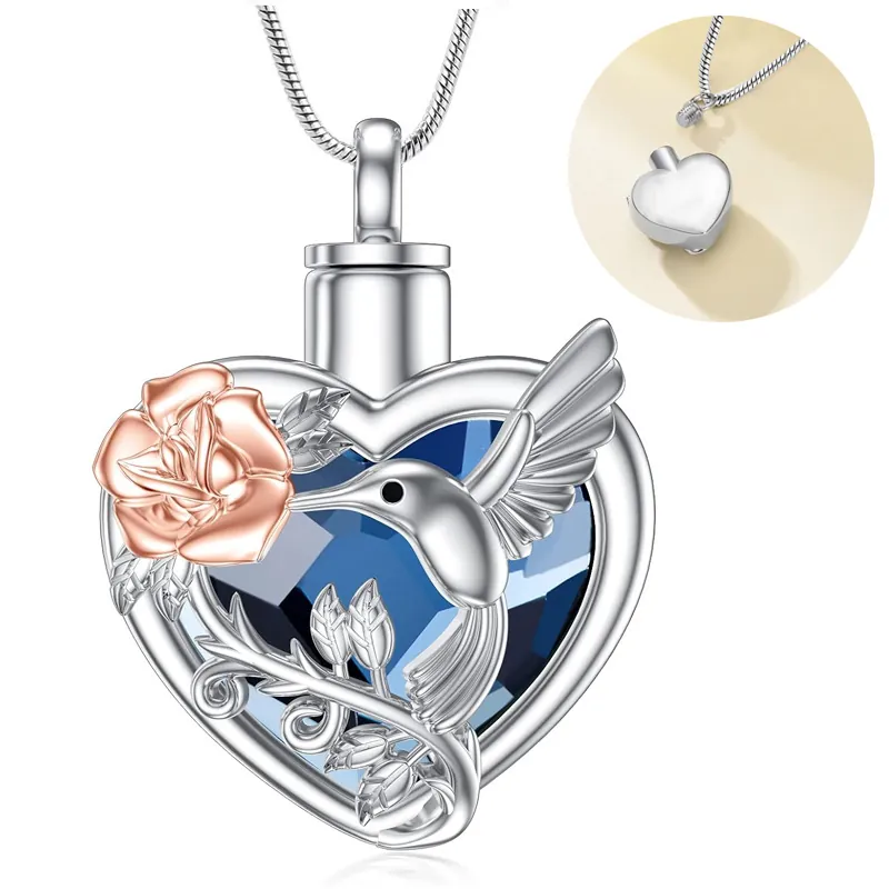 Stainless Steel Heart Cremation Urn Necklace For Ashes Memorial Keepsake Hummingbird Rose Rhinestone Pendant For Pet Human