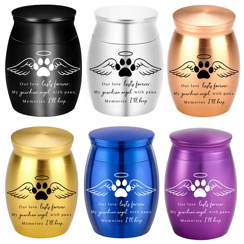 Pet Memorial Cremation Urn Aluminum Alloy Mini Keepsake Jar For Ashes Dogs Cats Angels Wings Paw Print Sealed Jar For Memory